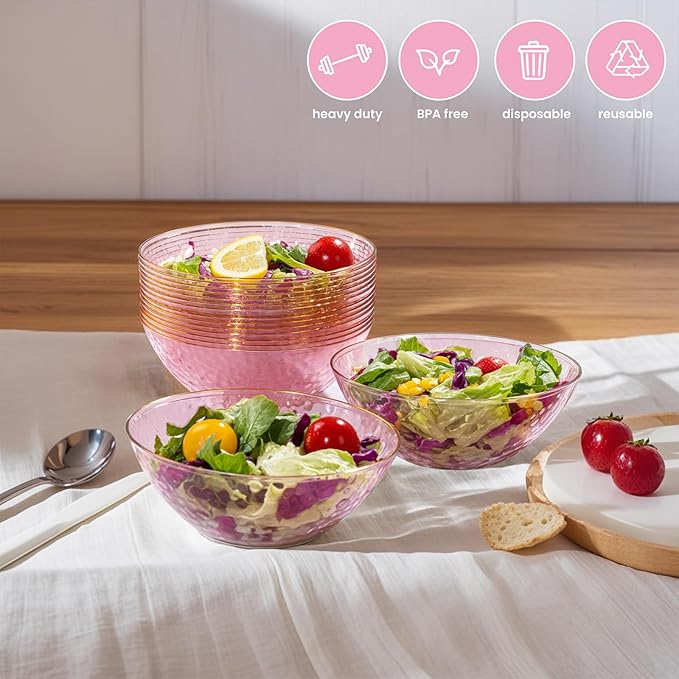 I00000 50 Pack 12 Ounce Pink Plastic Bowls Serving Bowls Hammered Clear Bowl with Gold Rimmed, Heavy Duty Disposable Bowl Set,Small Bowls for Wedding Party