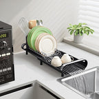 Small Dish Drying Rack, Mini Expandable Compact Dish Rack, Slim Extendable Stainless Steel Dish Drainer for Kitchen Plate Storage, Space Saving Dish Strainer in Sink or on Home Countertop, Matte Black