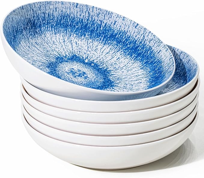 Yeacccng Pasta Bowls Set of 6, 8.7 Inch 39 Oz Colorful Reactive Glaze Ceramic Bowls, Modern Farmhouse Style, Lead-Free Cadmium-Free, Dishwasher Microwave Oven Safe, Scratch-Resistan (Blue)