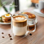 Double Walled Glass Coffee Mugs 12 oz, Glass Coffee Cups Set of 4 with Spoons, Clear Coffee Mug with Handles for Hot Beverages, Cappuccino, Latte, and Tea Bags.