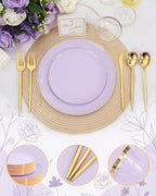 bUCLA 150PCS Purple Plastic Plates - Light Purple and Gold Disposable - Include 25 Each (Dinner & Dessert) lavender Plates, 25 Knives, 25 Forks, 25 Spoons & 25 Cups for Party, Birthday & Wedding