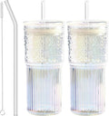 JunVpic Glass Cups with Lids and Straws, 20 OZ Multi Iced Coffee Glasses Tumblers for Ice Water, Juice, Tea, Milk, Smoothie and Cold or Hot Drinks, Set of 2