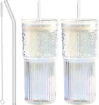 JunVpic Glass Cups with Lids and Straws, 20 OZ Multi Iced Coffee Glasses Tumblers for Ice Water, Juice, Tea, Milk, Smoothie and Cold or Hot Drinks, Set of 2