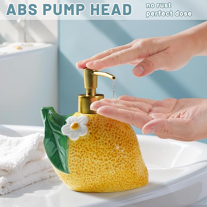 RQYIXI 17 OZ Lemon Ceramic Soap Dispenser with ABS Pump,Refillable Liquid Bathroom soap Dispenser for Lotion ,Body Wash ,Cute Kitchen Soap Dispenser for Dish Soap,Hand Soap