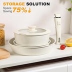 Pots and Pans Set Non Stick, Ceramic Cookware Set Nonstick Frying Pans 5 Pcs-Non Toxic PFAS/PFOA/PTFE Free, with Detachable Handle for RV Kitchen, Induction & Dishwasher Safe Cream White
