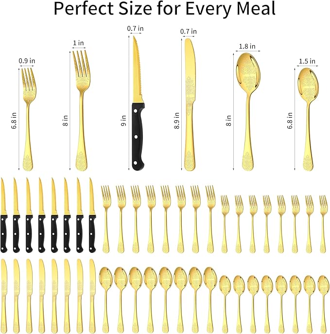 49PCS Gold Silverware Set for 8 with Flatware Drawer Organizer, Stainless Steel Cutlery Set with Steak Knives, Include Spoons and Forks Set, Carving floral patterns