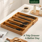 Carbonized Bamboo Kitchen Drawer Organizer, 5 Slots Expandable Silverware Organizer, Utensil Holder & Cutlery Tray, 2.2" Deep for Extra Capacity, Non-Slip Feet Included.