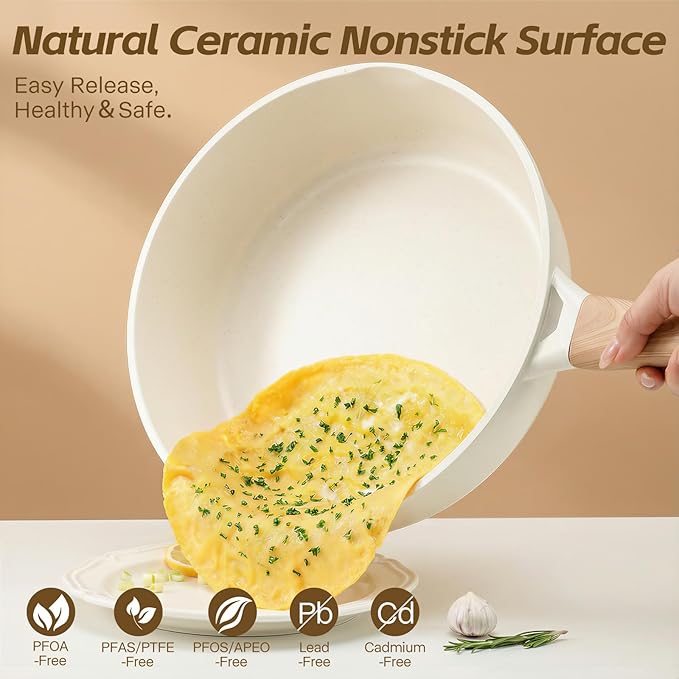Ceramic Nonstick Frying Pan with Lid, 4.0 QT Sauté Pan Large Capacity Skillet, Non Stick Deep Frying Pan Induction Compatible White Granite Coating PFOA/PFAS Free Non-toxic Healthy Kitchen Cookware