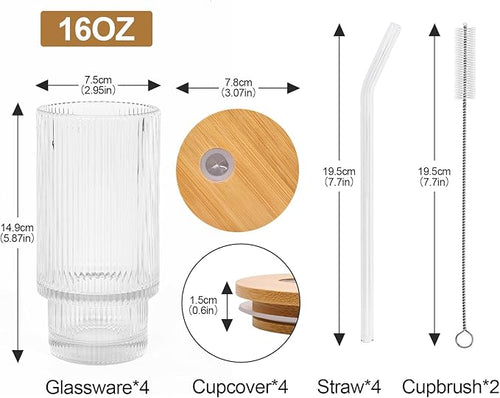 16Oz glasses drinking set of 4,Ribbed Glass Cups With Lids And Straws,Glass Tumbler With Lid for Beer, Juice, Water, Iced coffee Cup,Whiskey