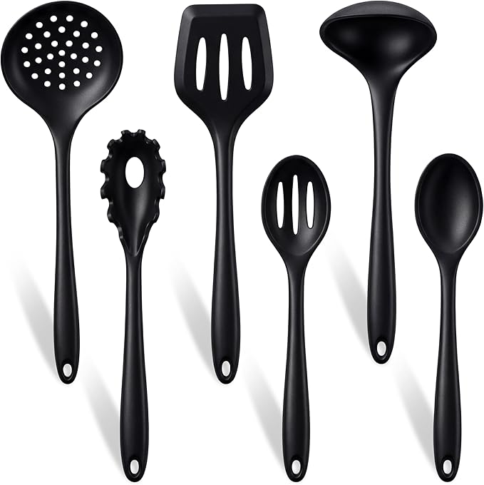 TeamFar Silicone Cooking Utensils Set of 6, Heat Resistant Kitchen Utensils, Spatula Ladle Spoon Pasta Server for Non-stick Cookware, Non-Toxic & One-Piece, Non-Scratch & Dishwasher Safe, Black