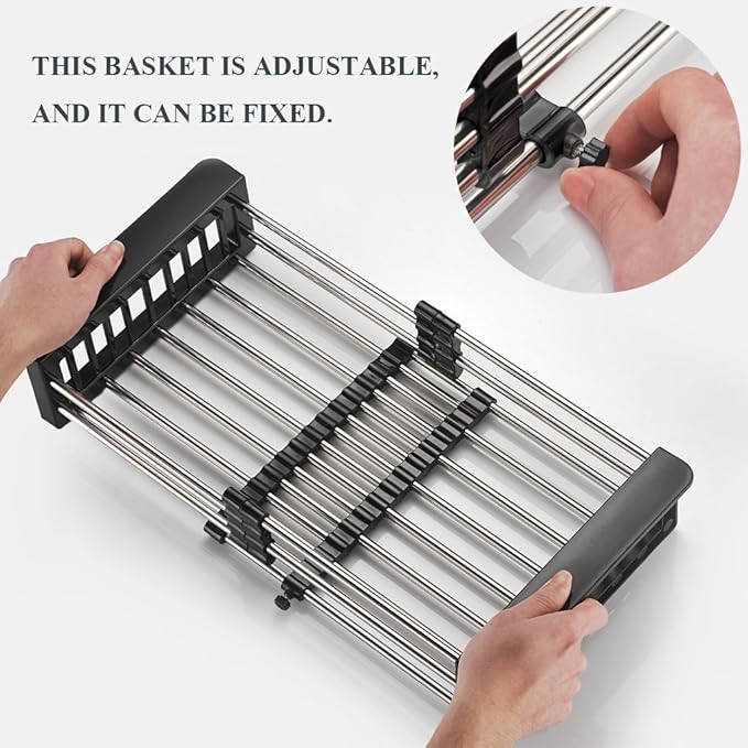 TUTEW Dish Drying Rack, Over The Sink Dish Drying Rack, Stainless Steel Drainer with Adjustable Arms Holder Functional Kitchen Sink Organizer for Vegetable and Fruit, Black