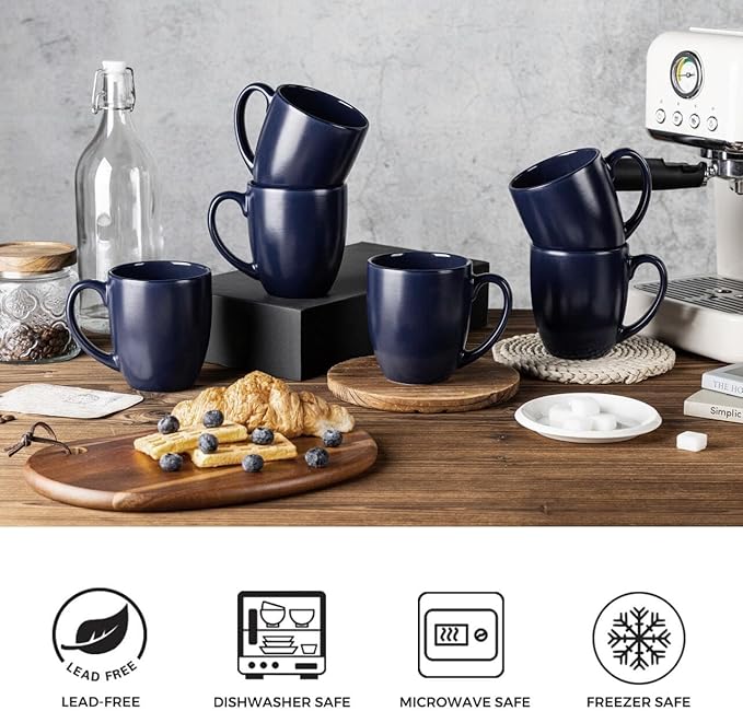 GBhome 16oz Coffee Mugs Set of 6, Large Ceramic Coffee Mugs for Man, Woman, Dad, Mom, Modern Coffee Mugs Set with handle for Tea/Latte/Cappuccino/Milk/Cocoa. Dishwasher&Microwave Safe,Matte Blue