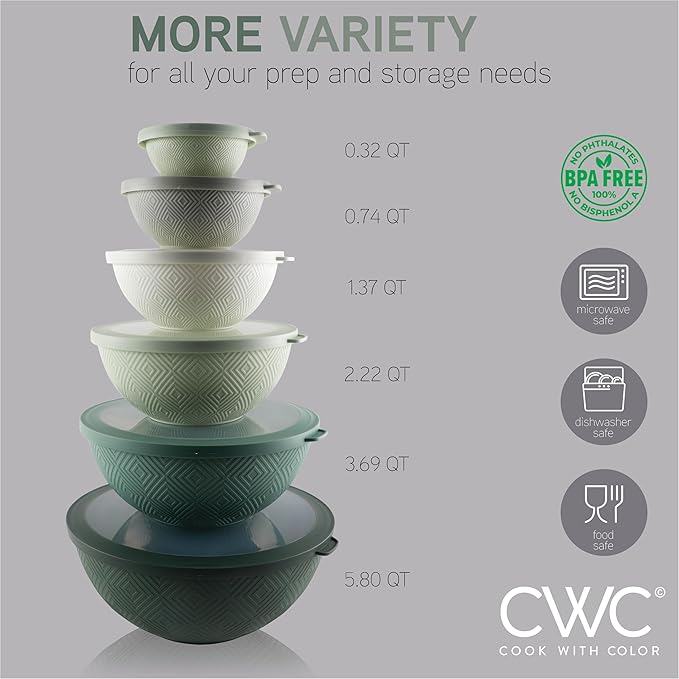 COOK WITH COLOR Mixing Bowls with Lids - 12 Piece Plastic Nesting Bowls Set includes 6 Prep Bowls and 6 Lids, Microwave Safe Mixing Bowl Set, Sage Rhombus