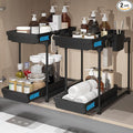 Sevenblue 2 Pack Double Sliding Under Sink Organizers and Storage, 2 Tier Under Bathroom Cabinet Shelf Organizer with Hooks Hanging Cup, Home Organization, Black