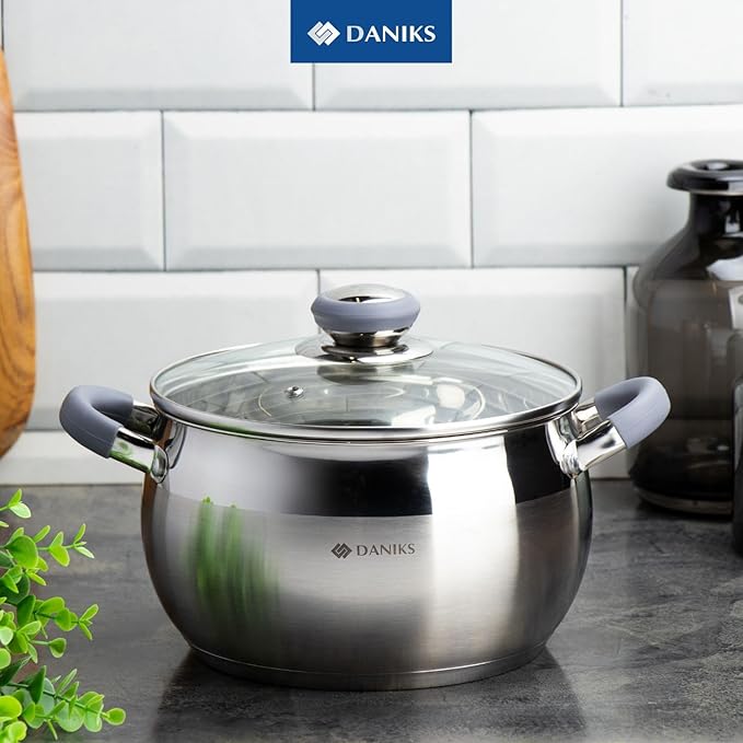 Daniks Modern 3 Quart Stainless Steel Stock Pot with Glass Lid, Tri-Ply Bottom for Even Heating, Induction Compatible, Dishwasher Safe, Heatproof Handles