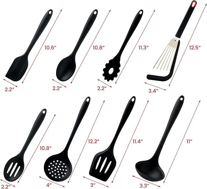 Silicone Kitchen Utensils Set, 8 PCS Heat Resistant Non Stick Cooking Tools, Silicone Spatula/Turner/Serving Spoon/Soup Ladle/Slotted Spoon/Pasta Server/Skimmer/Fish Spatula (Black)