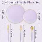 DaYammi 150Pcs Purple Plastic Plates with Gold Rim,Disposable Plastic Plates Include 30 Dinner Plate,30 Salad Plate,30 Forks,30 Spoons,30 Knive,Purple Disposable Platos for Party Wedding Mother's Day