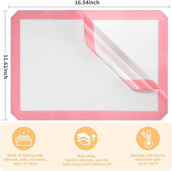 2-Pack Silicone Baking Mats – Non-Stick Reusable BPA-Free Oven Liners, 100% Food-Grade Silicone, Fit Half Sheet Pans (16.54" x 11.62") for Cookies, Pastry & More, White with Pink Edge