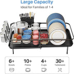 SNTD Large Dish Drying Rack - Expandable Dish Rack for Kitchen Counter, Stainless Steel Dish Drainer Rack with Utensil Holder and Cup Holder, Black