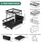 2 Tier Dish Rack, Carbon Steel Dish Drying Rack for Kitchen Organization & Storage, Countertop / Sink Dish Rack with Automatic Drain Tray, Large Capacity Black Dish Rack - Essential Home Kitchen Item