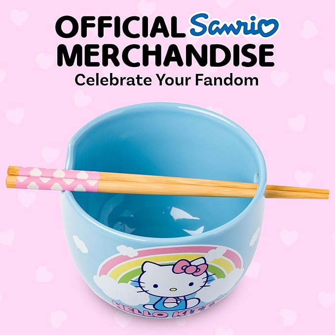 Silver Buffalo Hello Kitty Rainbow and Clouds Ceramic Ramen Noodle Rice Bowl with Chopsticks, Microwave Safe, 20 Ounces