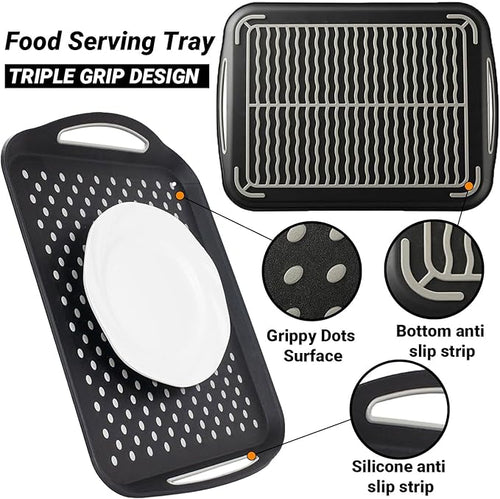 2PCS Large Non-Slip Serving Tray with Handles TV Lap Trays for Eating on Couch Food Serving Tray with Silicone Grippy Dots for Dinner Snack Fruit Dessert Breakfast (Black - 2pcs)