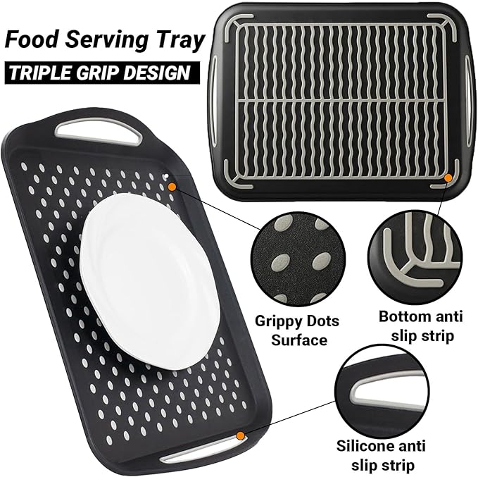 1PCS Large Non-Slip Serving Tray with Handles TV Lap Trays for Eating on Couch Food Serving Tray with Silicone Grippy Dots for Dinner Snack Fruit Dessert Breakfast (Black - 1pcs)