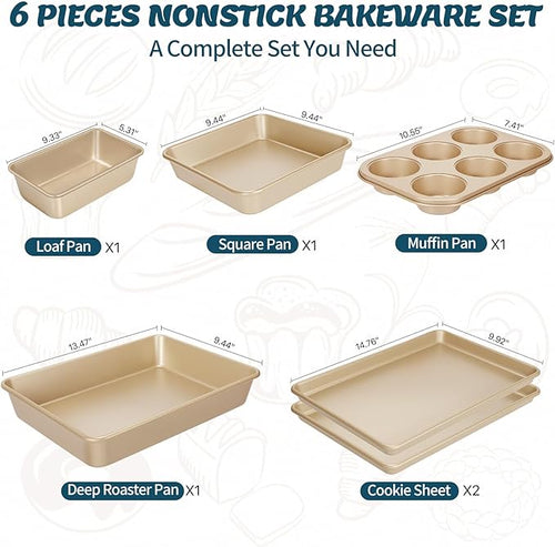 Baking Pans Set, Nonstick Stackable Bakeware Sets, Oven Pans for Cooking, AIVIKI 6 Pieces Baking Sheets Set Including Cookie Sheet, Deep Roaster Pan, Square Pan, Loaf Pan, Muffin Pan, Carbon Steel