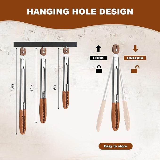 3 Pack Wooden Tongs for Cooking (9", 12", 16") – Locking Wooden Tongs with Non-Slip Handles & Hanging Hole, Wood Tip Serving Tongs for BBQ, Salad & Grilling (9+12+16 Inch)