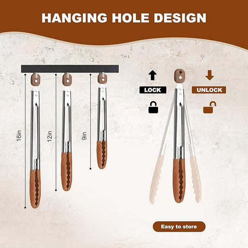 3 Pack Wooden Tongs for Cooking (9", 12", 16") – Locking Wooden Tongs with Non-Slip Handles & Hanging Hole, Wood Tip Serving Tongs for BBQ, Salad & Grilling (9+12+16 Inch)