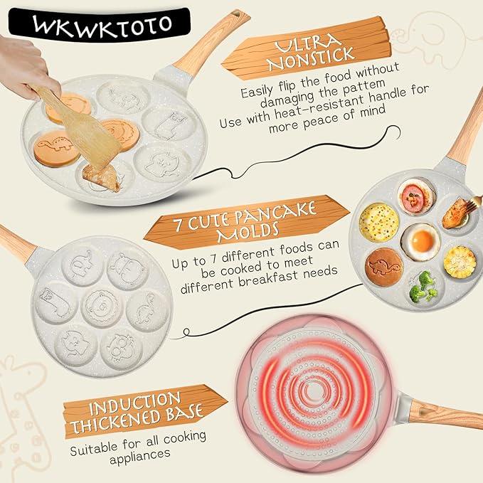 Pancake Maker Egg Frying Pan Suitable for All Stovetops & Induction Cooker, 10.5 Inch Animal Pancake Pan, 7 Molds Pancake Maker with PFOA Free Coating-Beige