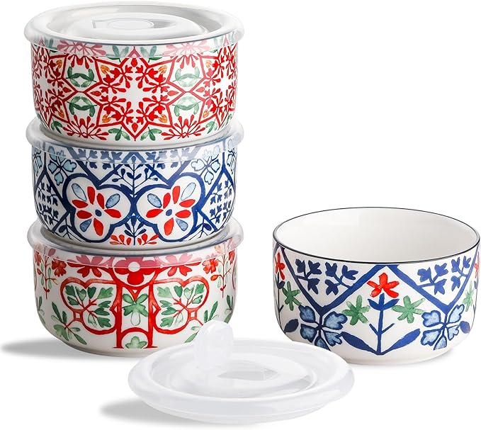 Ceramic Bowl with Lid: Microwave Safe Soup Containers Set of 4 for Meal Prep, Cereal, Salad, Picnic, Camping, Office Lunch, Kitchen Food Storage - 5 Inch, 20 oz, Design A