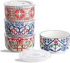 Ceramic Bowl with Lid: Microwave Safe Soup Containers Set of 4 for Meal Prep, Cereal, Salad, Picnic, Camping, Office Lunch, Kitchen Food Storage - 5 Inch, 20 oz, Design A