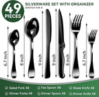 49 Pieces Black Silverware Set with Steak Knives, Stainless Steel Silverware with Organizer Flatware Utensils Set for 8, Forks and Spoons Silverware Set Cutlery Set