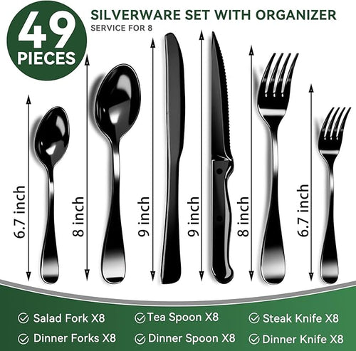 49 Pieces Black Silverware Set with Steak Knives, Stainless Steel Silverware with Organizer Flatware Utensils Set for 8, Forks and Spoons Silverware Set Cutlery Set