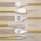 8 Piece White and Gold Kitchen Utensils – White Silicone Cooking Utensils Set, Ceramic Utensil Holder & Stackable Gold Spoon Rest –Nonstick, Non-Toxic, Heat Resistant, Luxury Kitchen Accessories