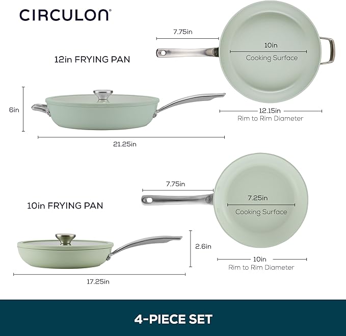 Circulon Halo with LaserDefense Ceramic Nonstick 10 Inch and 12 Inch Frying Pans with Lids, Made without PFAS, Compatible with All Stovetops, Dishwasher and Oven Safe, 4 Piece Cookware Set - Sage