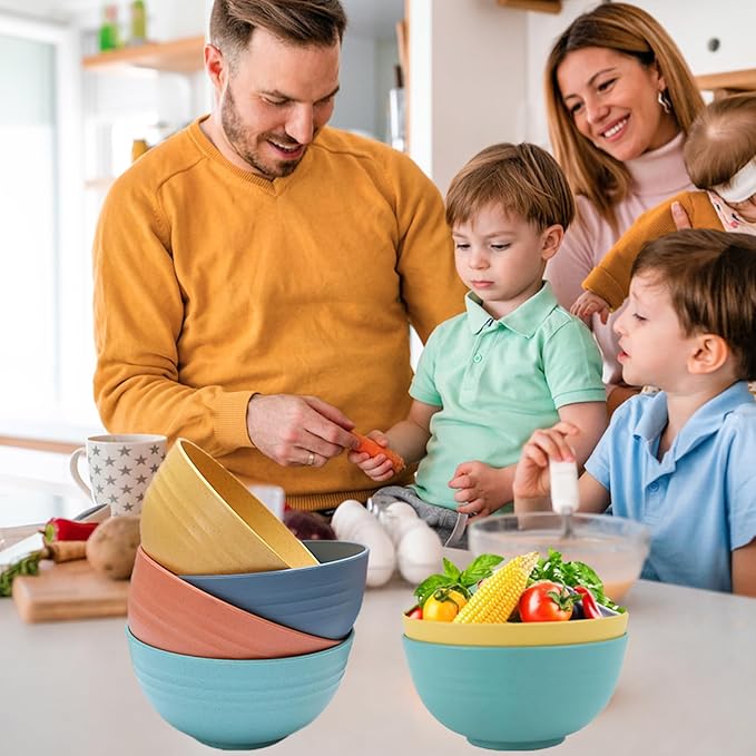 Unbreakable Wheat Straw Cereal Bowls Set of 4, 24 OZ Microwave and Dishwasher Safe Lightweight Soup and Salad Bowl Sets, Reusable Dessert Bowls for Rice, Pasta, Snack, Fruit, BPA Free (4 Colors)