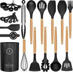 Silicone Cooking Utensils Set - AVGPD Silicone Kitchen Utensils for Cooking Wooden Handles, 446°F Heat Resistant Kitchen Utensil Spatula Sets, Gadgets for Non-Stick Cookware BPA FREE (Black)