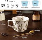 Mug Set of 2 Coffee Mugs Set 11 Ounce, Porcelain Cups for Latte, Hot Tea, Cappuccino, Cocoa, Soup, Dishwasher, Microwave Safe, Christmas Gift Set (Bean leaf & Vines)