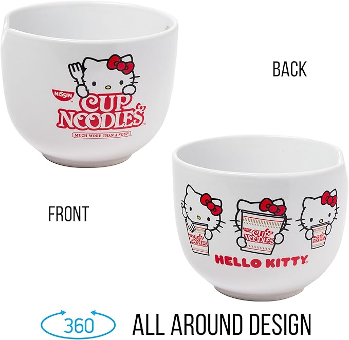 Silver Buffalo Sanrio Hello Kitty Cup Noodles Nissin Ceramic Ramen Noodle Rice Bowl with Chopsticks, Microwave Safe, 20 Ounces