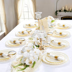 YOUBET 350PCS Ivory Scalloped Plastic Plates - Ivory and Gold Disposable Dinnerware Set Include 100 Plates, 150 Gold Silverware, 50 Cups, 50 Napkins for Wedding & Party