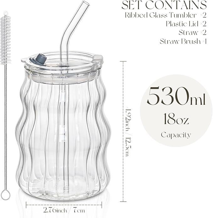 Ribbed Glass Cups with Lids and Straws – Unique Glasses for Iced Coffee, 18oz Vintage Design, Ideal Wavy Coffee Cups with Straws, Bubble Glass Aesthetic, Clear Ribbed Glasses