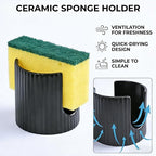 Ceramic Sponge Holder for Kitchen Sink - Dishwasher Safe Porcelain Dish Sponge Caddy Minimalist Vertical Stripes, Scrub Daddy Holder for Countertop, Bathroom, Kitchen Sink Organizer, Black