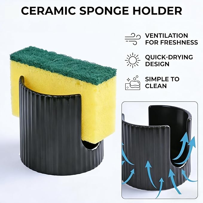 Ceramic Sponge Holder for Kitchen Sink - Dishwasher Safe Porcelain Dish Sponge Caddy Minimalist Vertical Stripes, Scrub Daddy Holder for Countertop, Bathroom, Kitchen Sink Organizer, Black