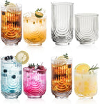Art Deco Cocktail Glasses, Ribbed Drinking Glasses Set Of 8,14 oz Highball Glasses & 12 oz Cocktail Glasses Set, Kitchen Water Glasses Cup, Bar Tumbler Glassware Set for Beer, Juice, Whiskey, Milk