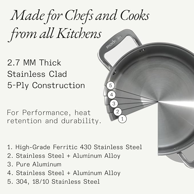 Made In Cookware | 6 Quart Stainless Steel Stock Pot With Lid | 5 Ply Stainless Clad | Professional Cookware | Crafted in Italy | Induction Compatible
