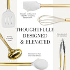 White Silicone and Gold Cooking Utensils Set with Gold Utensil Holder - 7-Piece Silicone Cooking Tools - Ideal for Nonstick Cookware and Stylish Modern Kitchens - Luxury Kitchen Accessories.