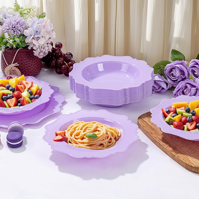 COLOSUS 60 Pack Lavender Purple Plastic Bowls, 12 oz Disposable Soup Bowls, Premium Plastic Dessert Bowls,Heavy-duty Salad Bowl for Party, Wedding, Dinner and Catering