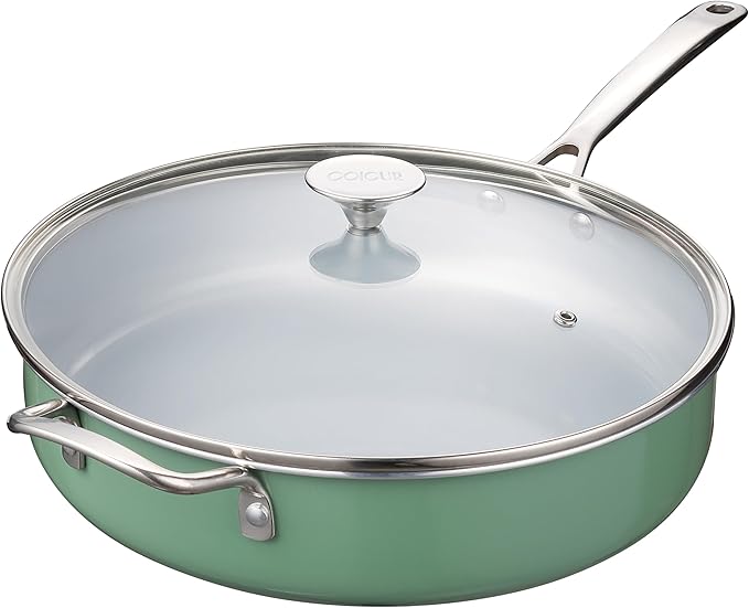 Nonstick Sauté Pan with Lid 5 QT Deep Frying Pan with Stainless Steel Helper Handle 12 inch Large Skillet Ceramic Jumbo Cooker for Healthy Cooking, Induction Compatible Cookware, PFOA Free
